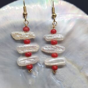 stick pearl and red coral earring